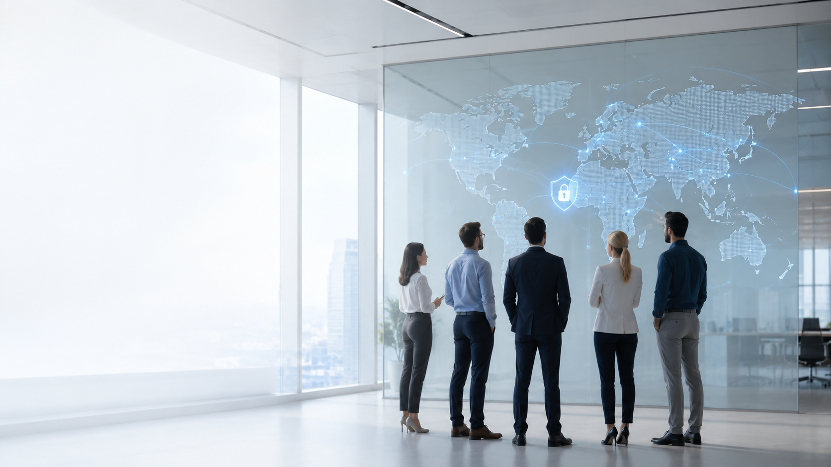 The Room VPN team standing before a secured global network